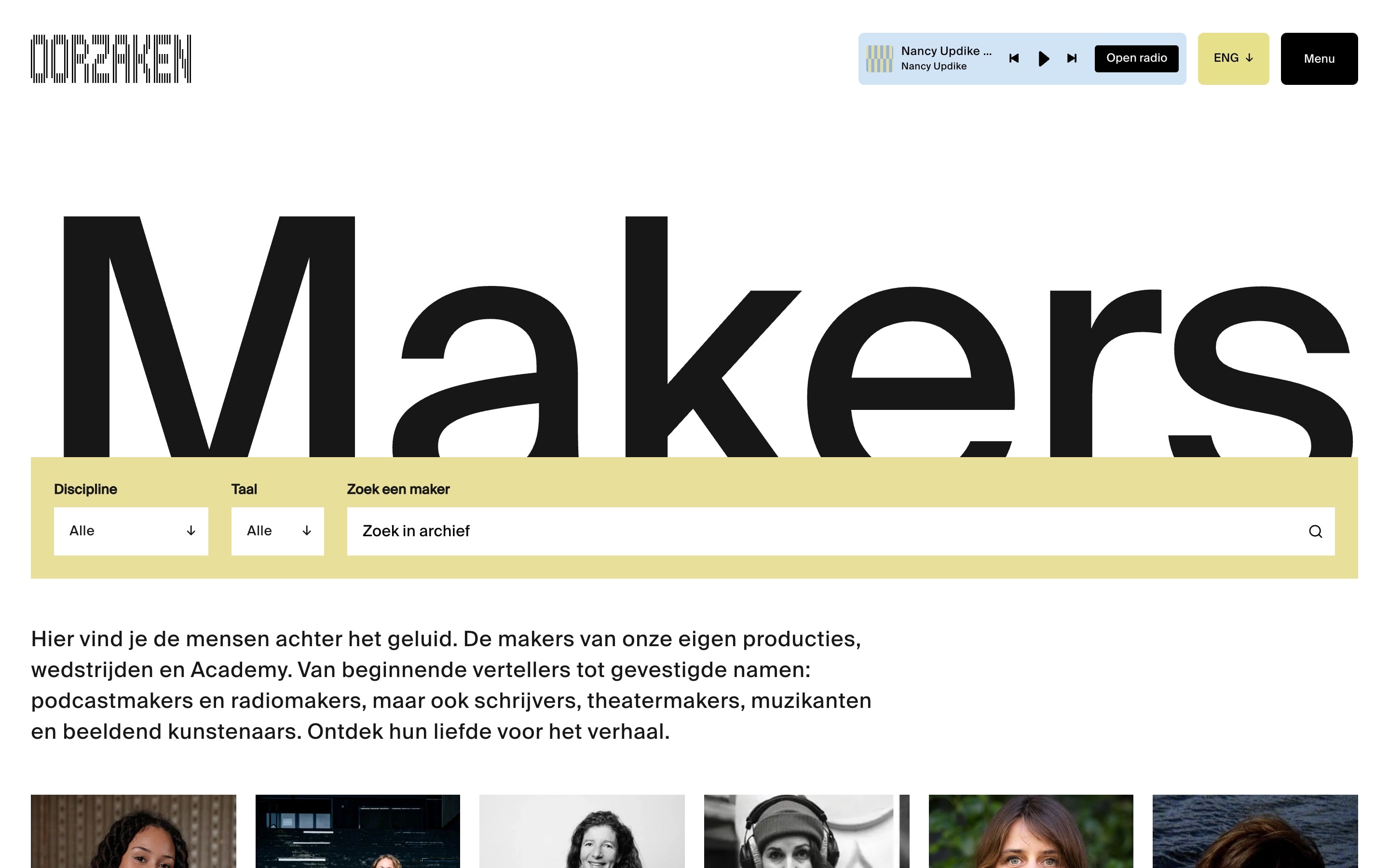 Makers index opening on the word Makers with filters for discipline and language