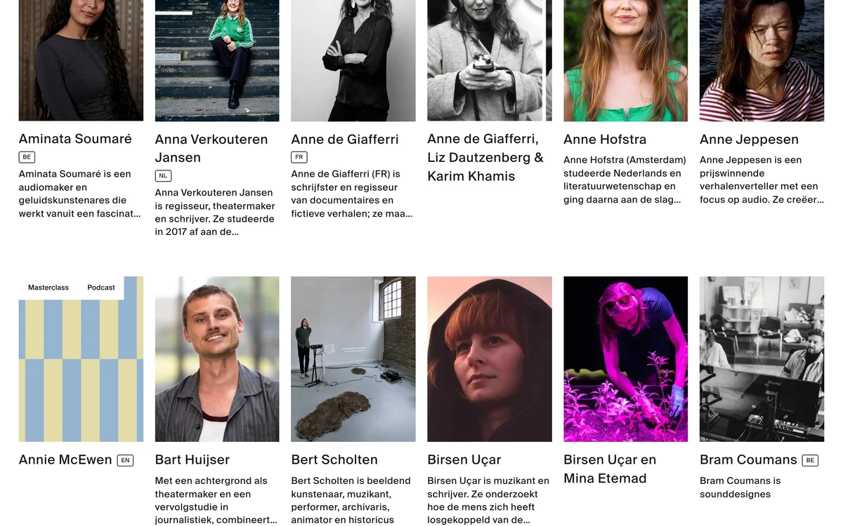 oorzaken – Grid of maker portraits with names, countries and short biographies
