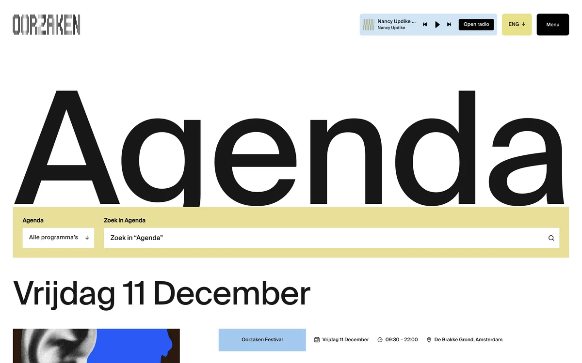 oorzaken – Agenda page with a programme filter and the first festival day