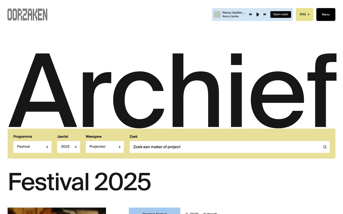 oorzaken – Archive page with filters for programme, year and view, opening on Festival 2025