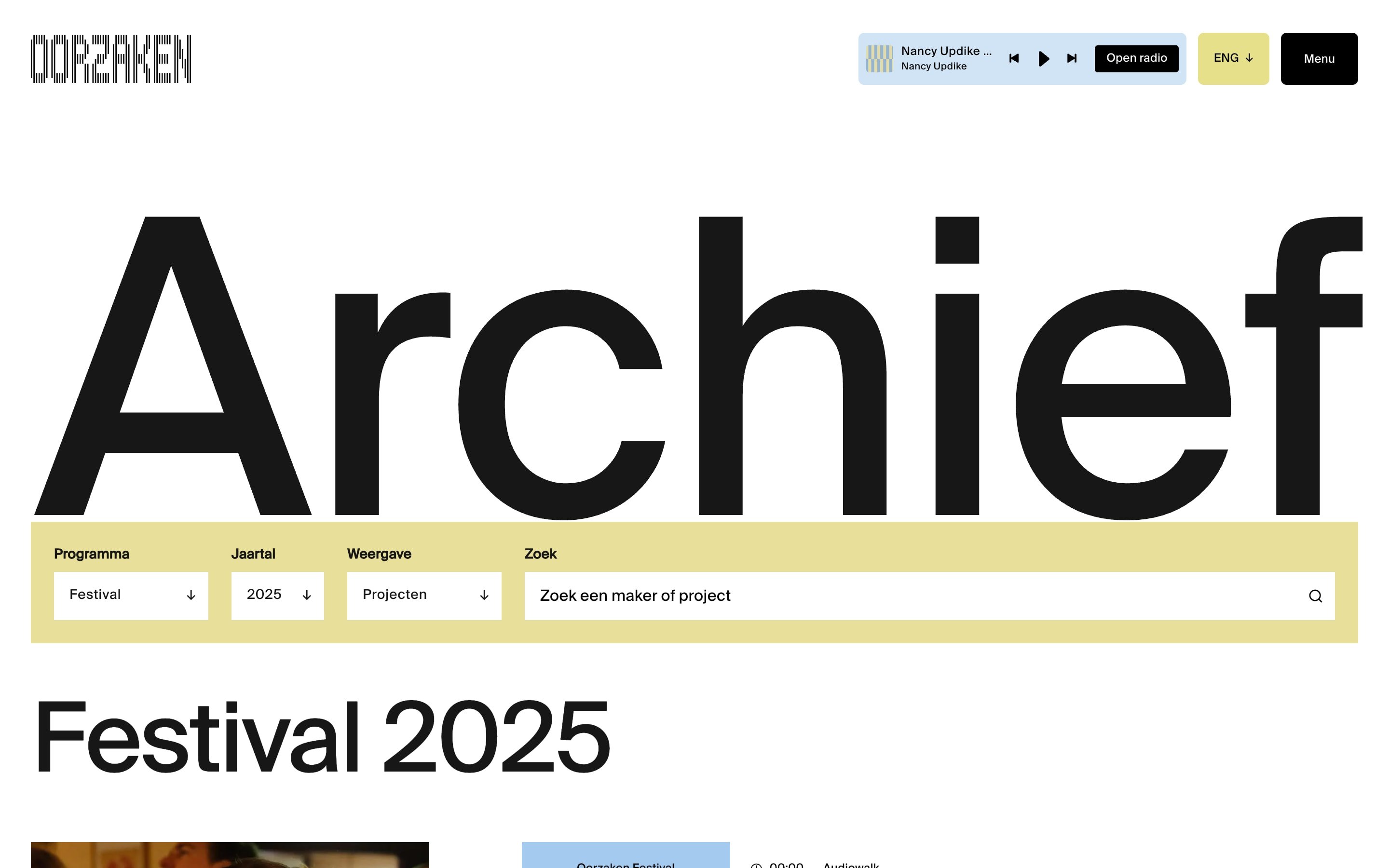 Archive page with filters for programme, year and view, opening on Festival 2025