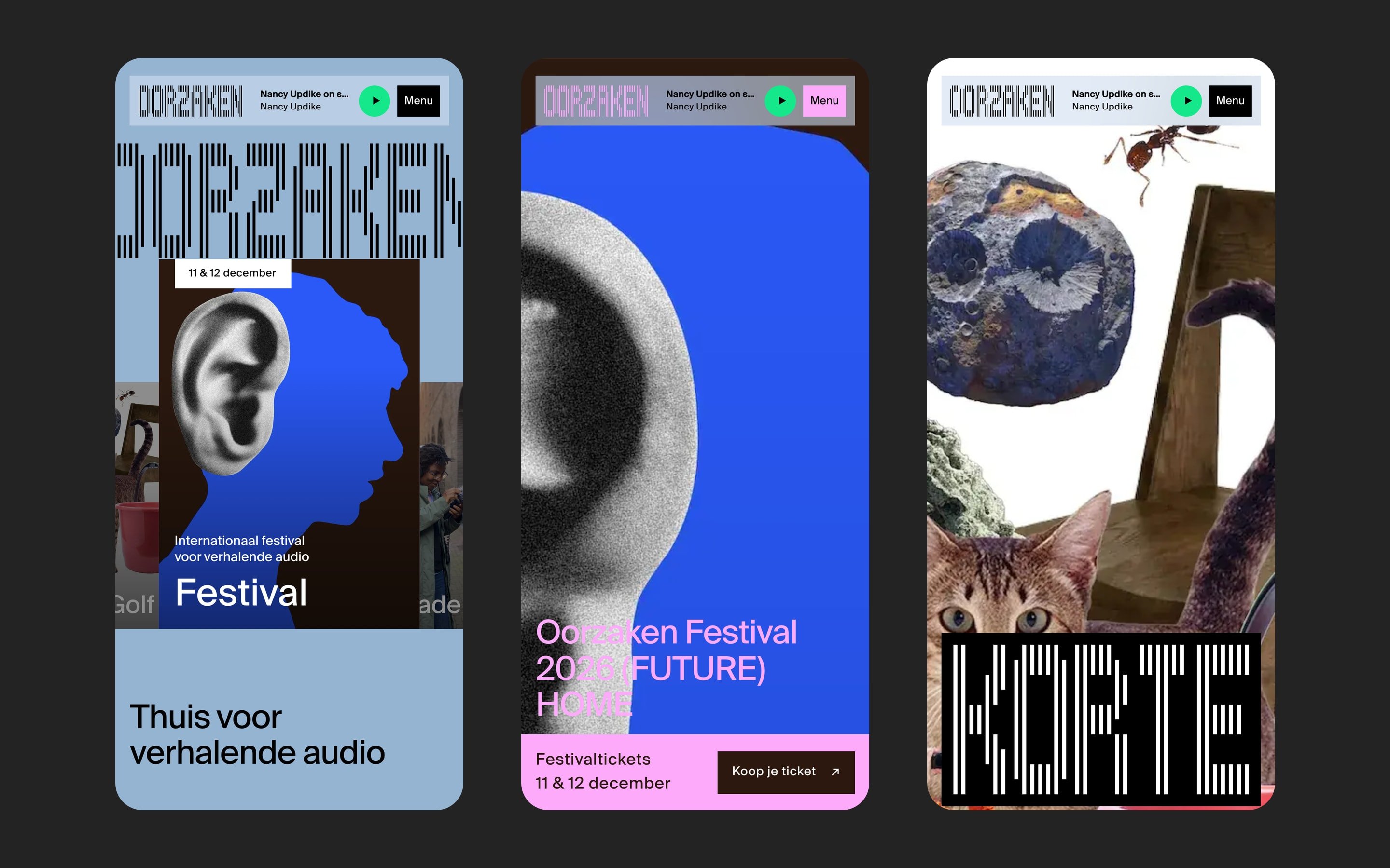 The home, Festival and Korte Golf pages on three phone screens against dark grey