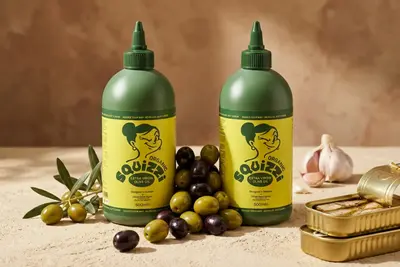Two green Squizzi olive oil bottles with olives, garlic and tinned fish – squizzi