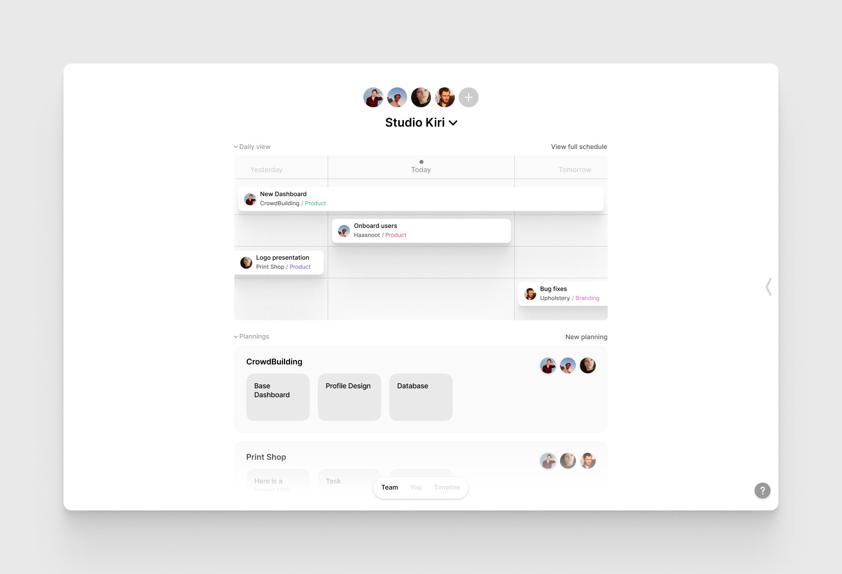 Roadmap team view with daily schedule and project plannings