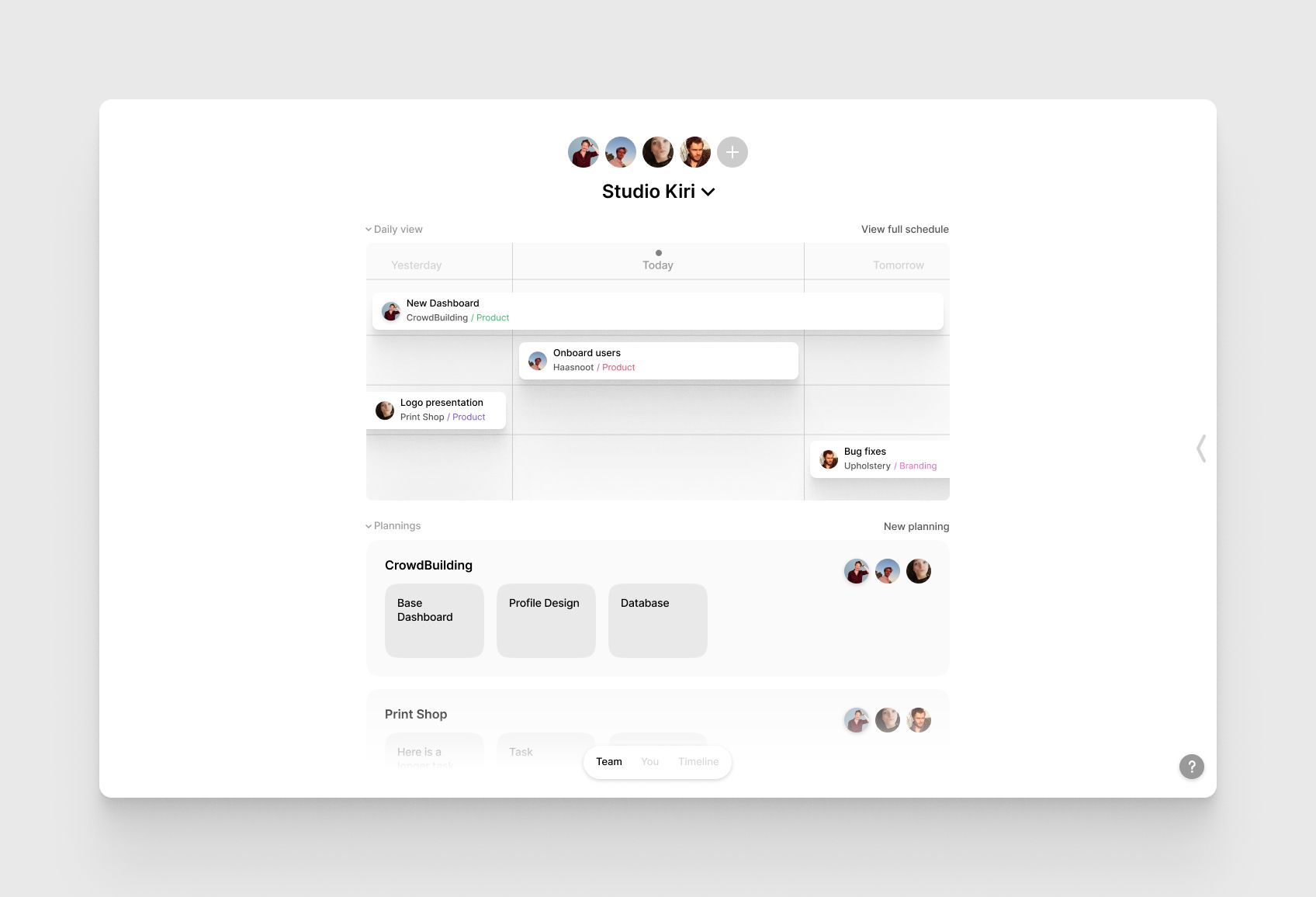 Roadmap team view with daily schedule and project plannings