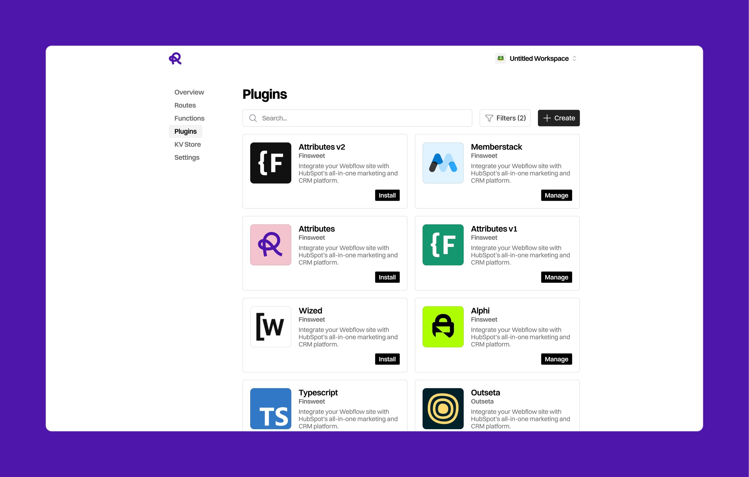 Router dashboard Plugins page with a grid of installable integrations