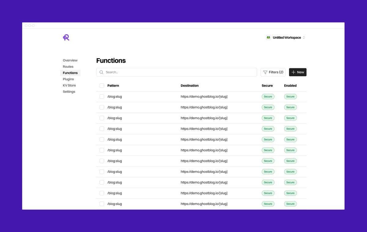 router – Router dashboard Functions page listing route patterns and destinations