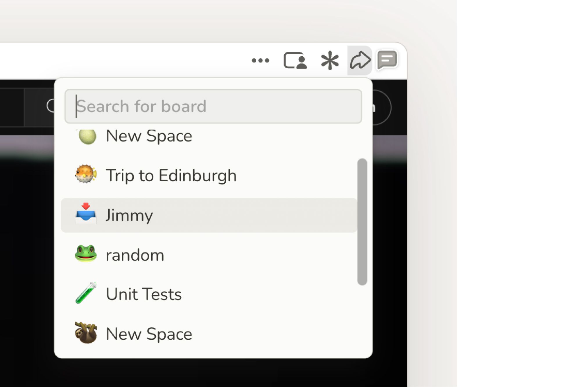 Sail board picker dropdown listing spaces with emoji labels