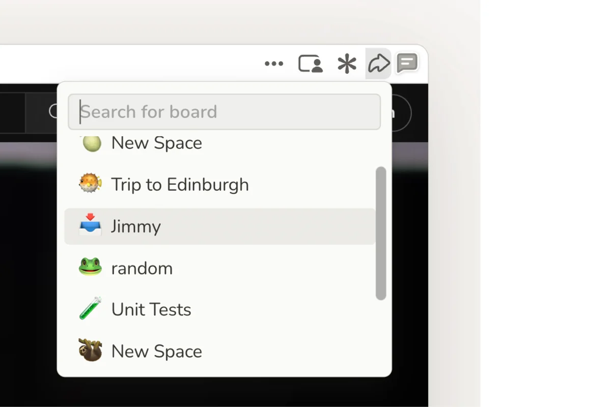 sail – Sail board picker dropdown listing spaces with emoji labels