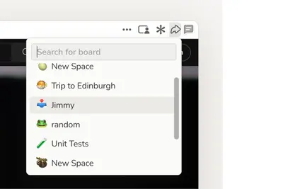 Sail board picker dropdown listing spaces with emoji labels – sail