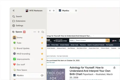 Sail sidebar of starred spaces beside an open Amazon book page – sail