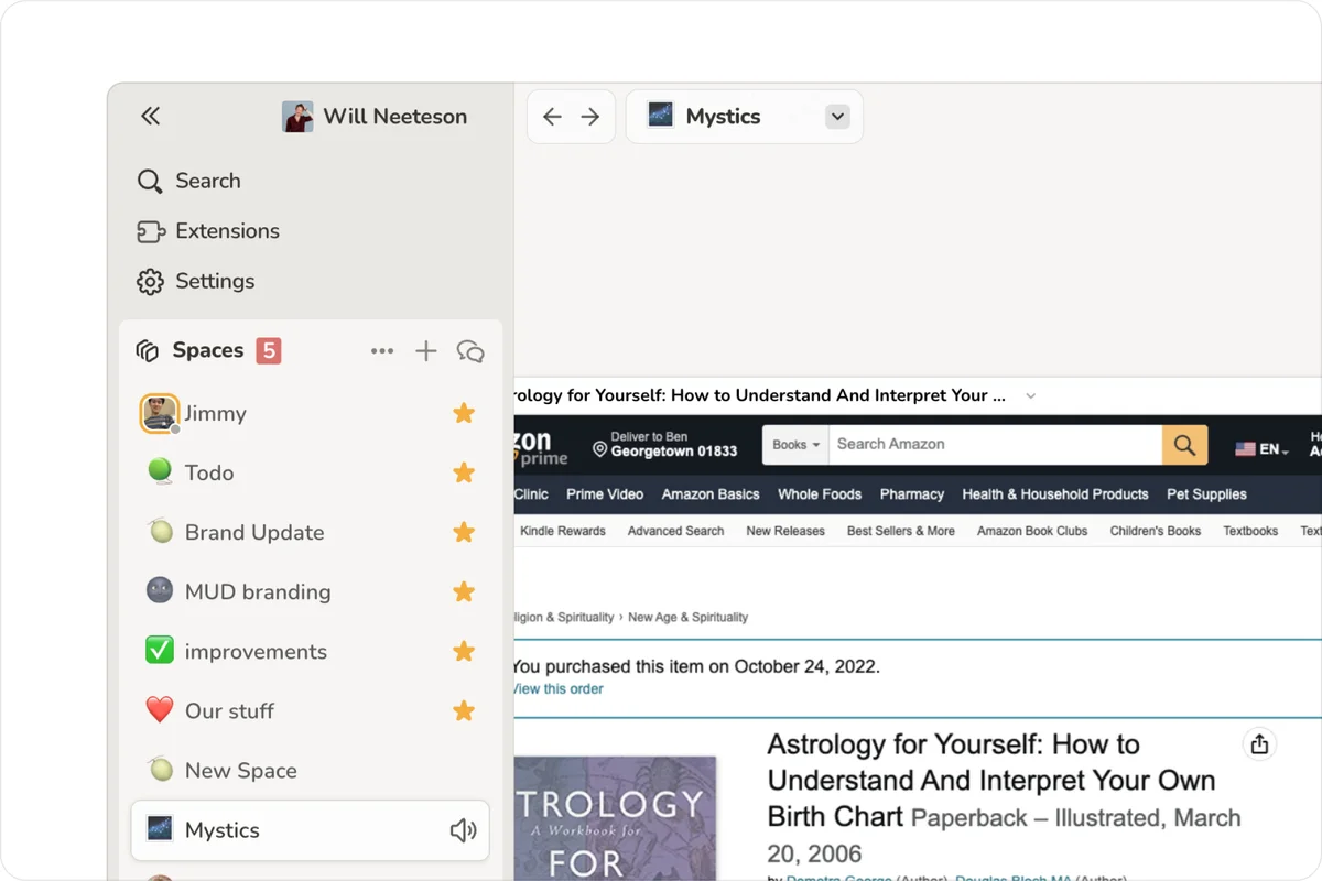 sail – Sail sidebar of starred spaces beside an open Amazon book page