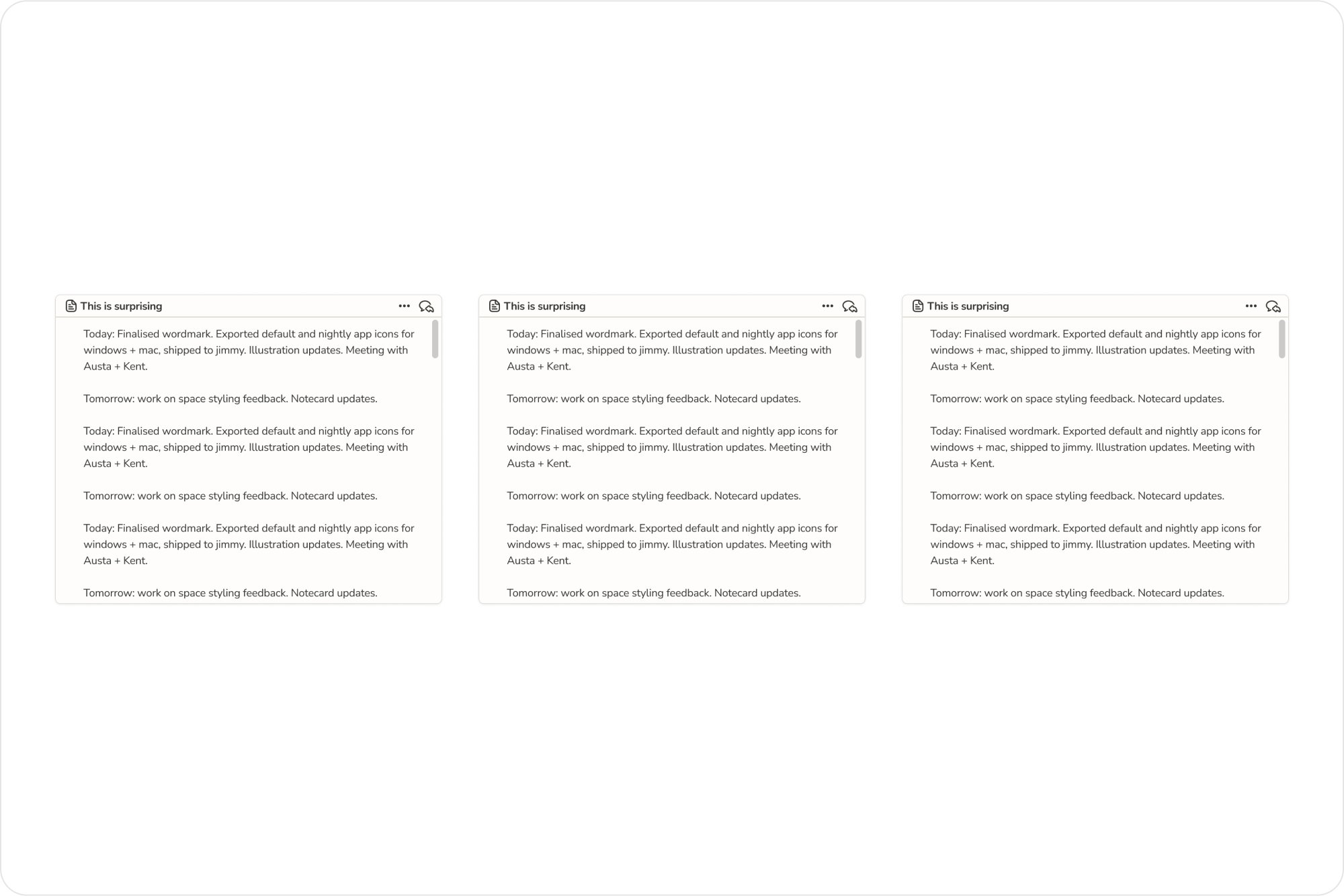 Three Sail note cards repeating a daily work update titled This is surprising
