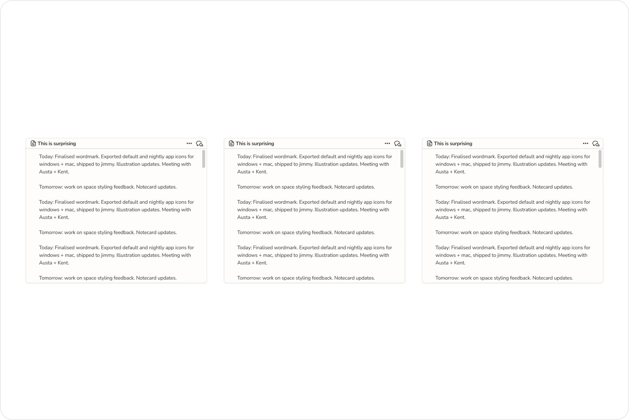 Three Sail note cards repeating a daily work update titled This is surprising