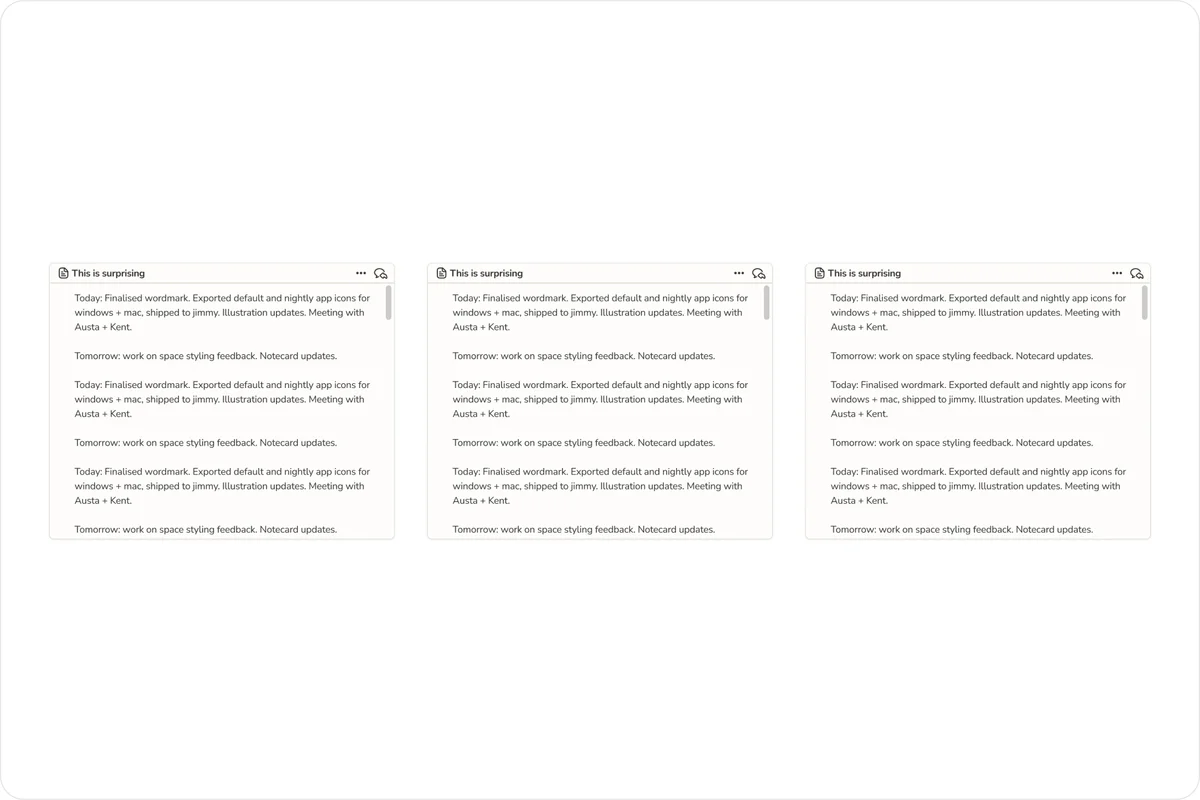 sail – Three Sail note cards repeating a daily work update titled This is surprising