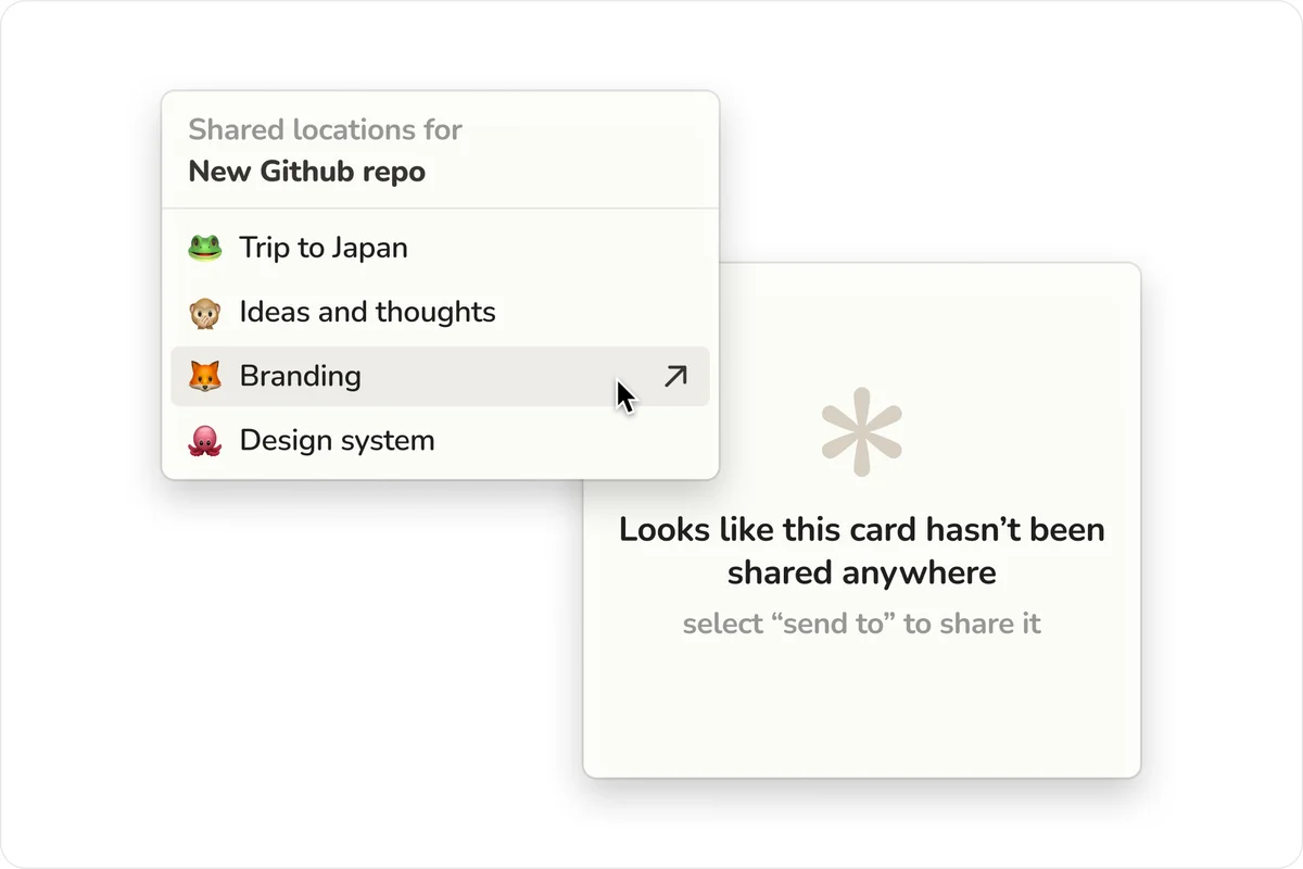sail – Sail send-to menu listing shared locations for a card next to an empty share state