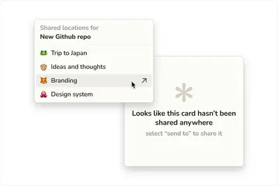 Sail send-to menu listing shared locations for a card next to an empty share state – sail
