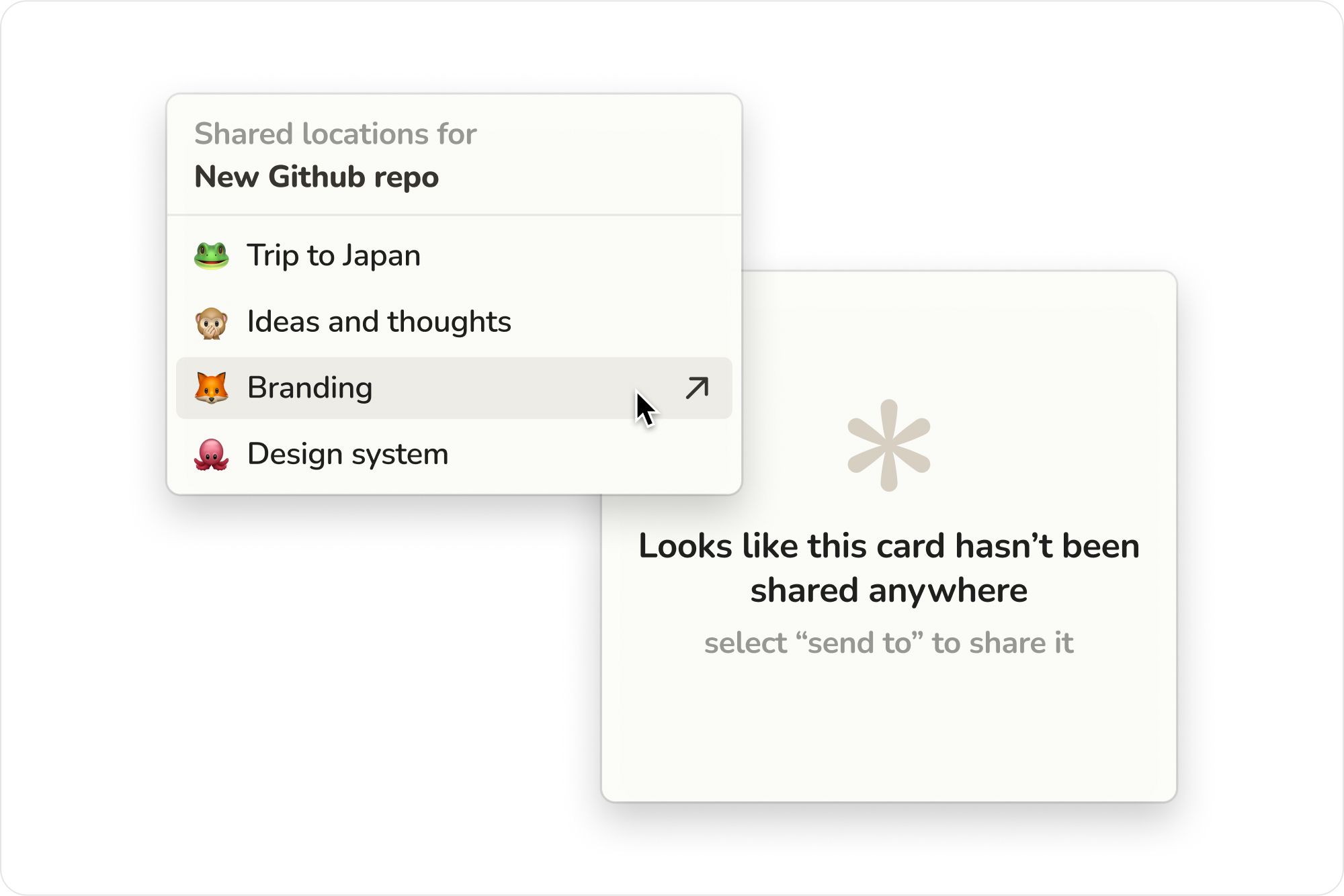 Sail send-to menu listing shared locations for a card next to an empty share state