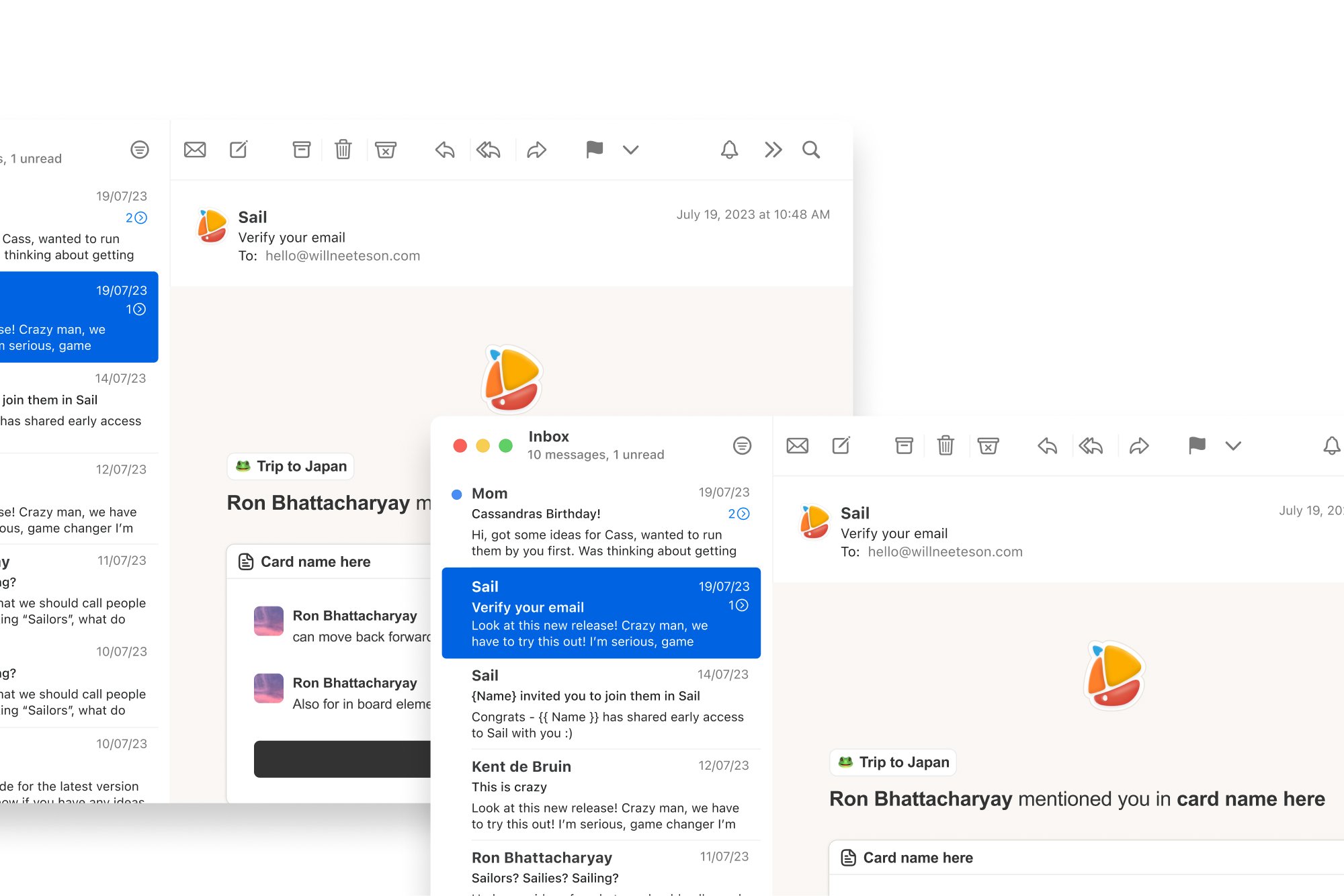 Email verification messages from Sail shown across overlapping mail windows
