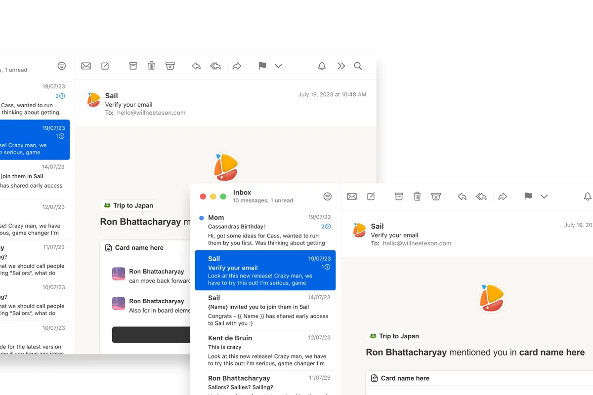 sail – Email verification messages from Sail shown across overlapping mail windows