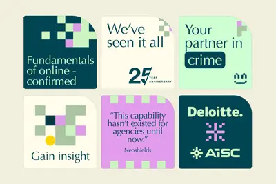 Grid of AiSC Scorecard social tiles with bold headlines and pixel motifs – scorecard