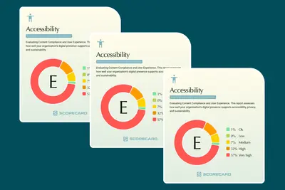 Three AiSC Scorecard accessibility report cards with grade E donut charts – scorecard