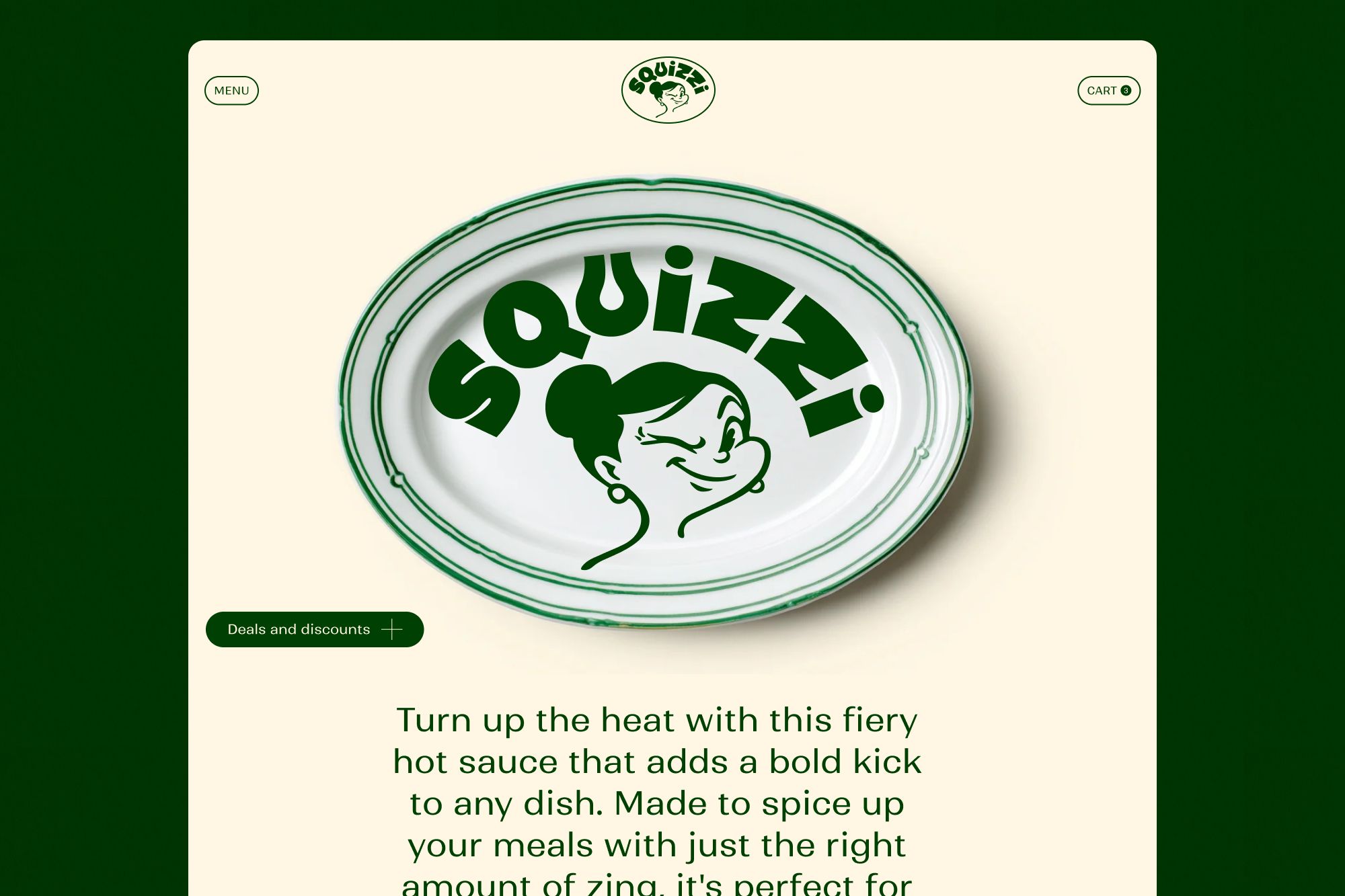Squizzi ecommerce landing page showing a branded plate and product copy