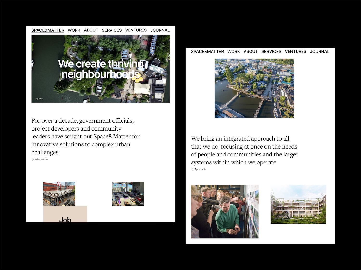 Space&Matter homepage and about page shown on two device frames