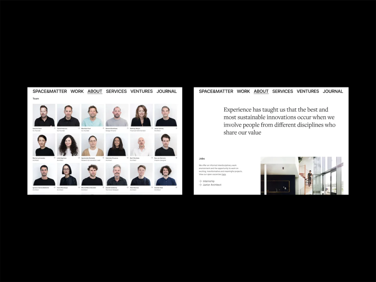 space-and-matter – Space&Matter team page grid of staff portraits and jobs section