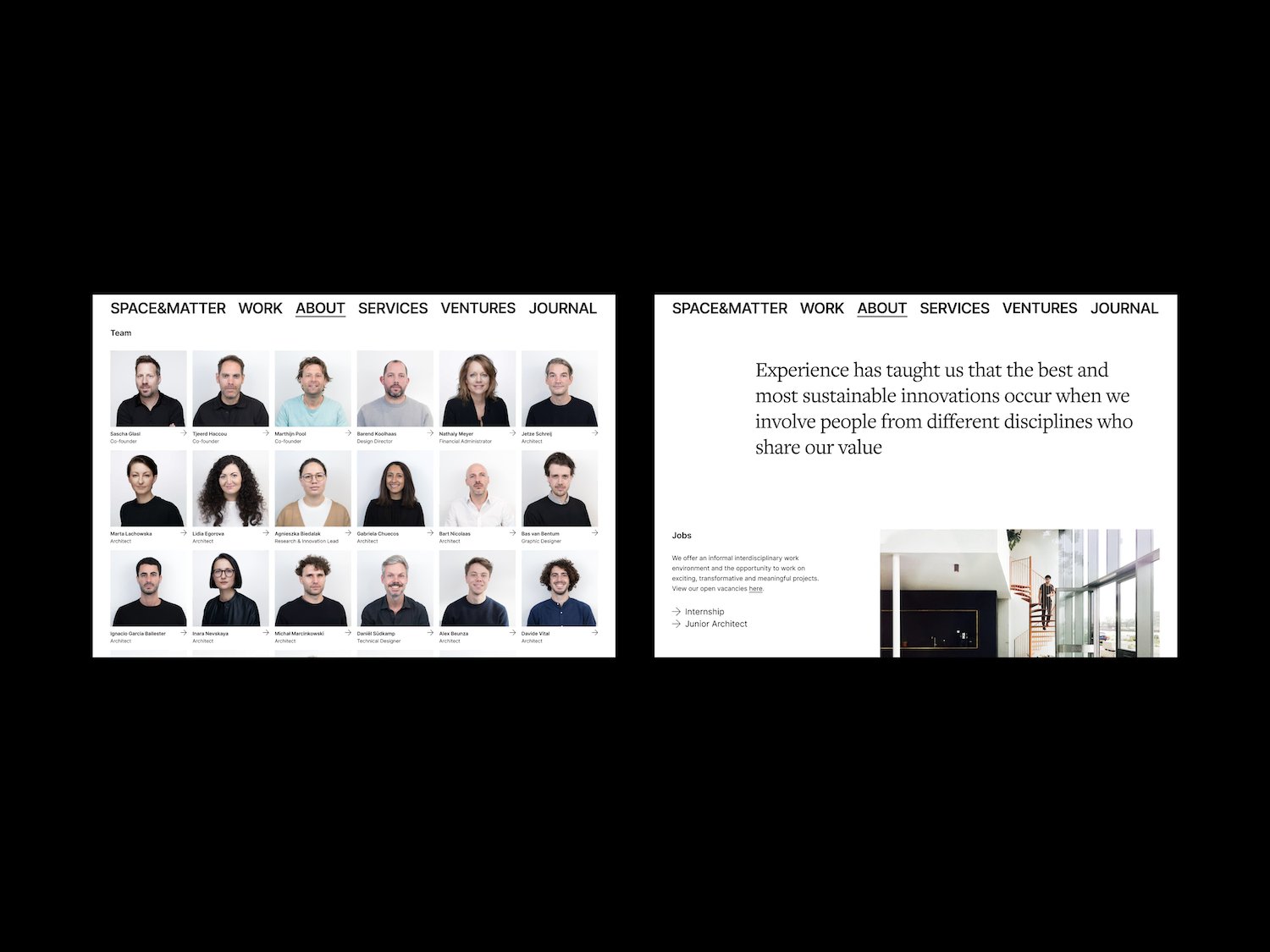 Space&Matter team page grid of staff portraits and jobs section