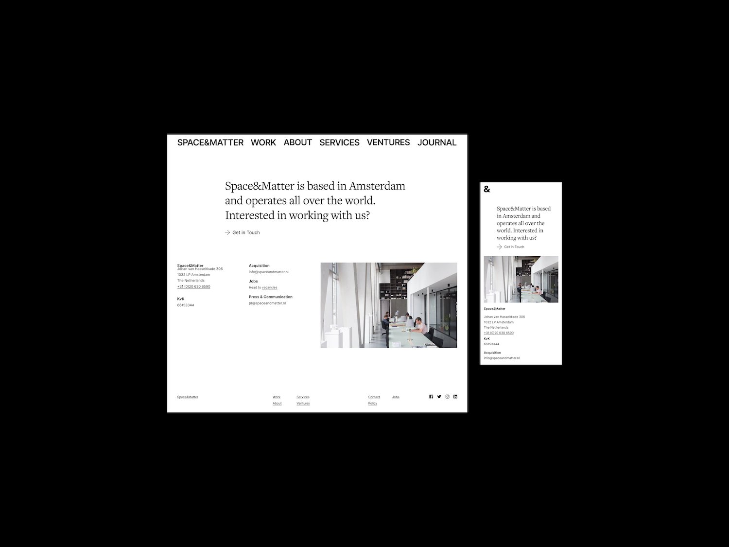 Space&Matter contact page with Amsterdam studio office photo