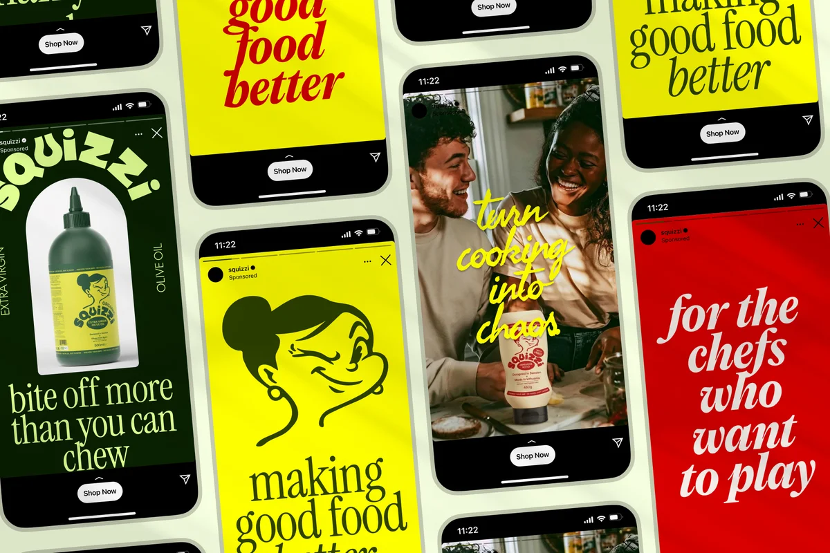 squizzi – Grid of Squizzi social ad mockups on phone screens