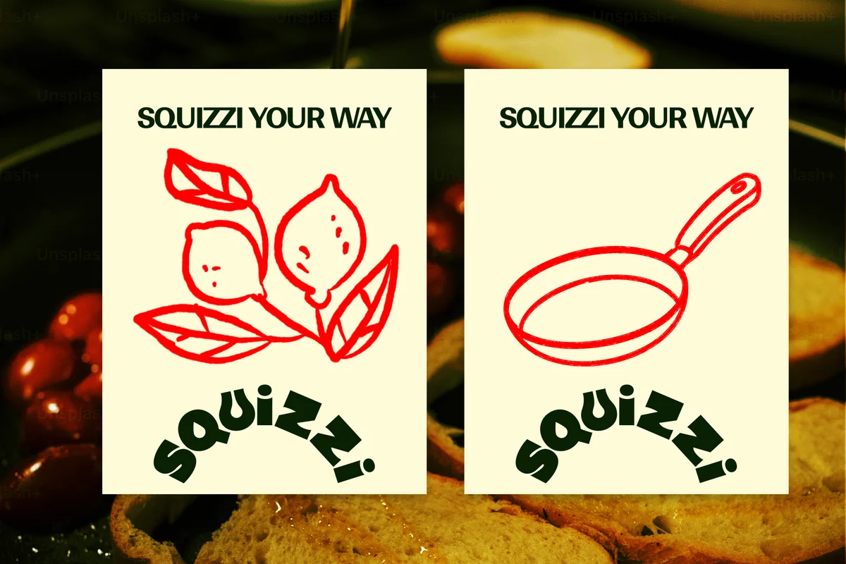 squizzi – Two Squizzi Your Way posters with hand-drawn lemon and pan illustrations