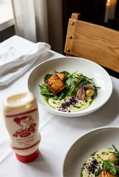 Plated salmon dish on a laid table beside a Squizzi mayo bottle – squizzi