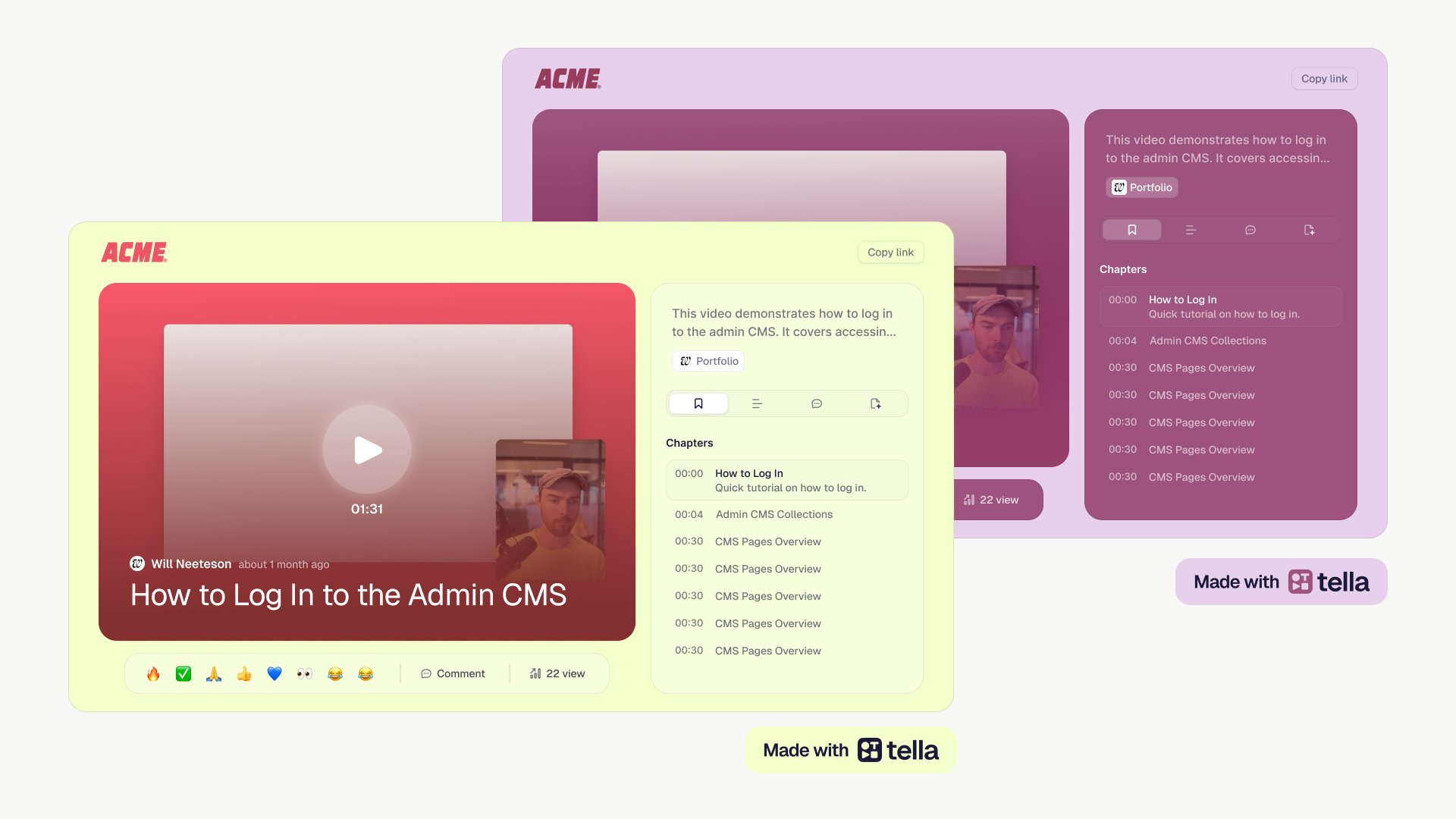 Tella video player with chapter list for a How to Log In CMS tutorial