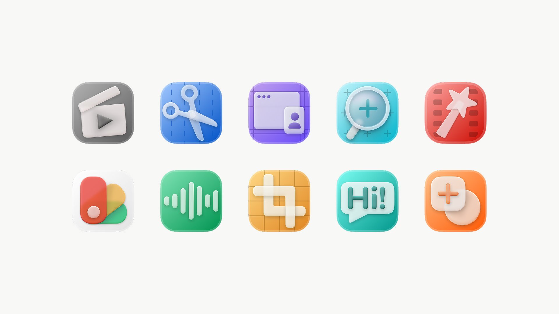Set of soft 3D Tella feature icons for recording and editing tools