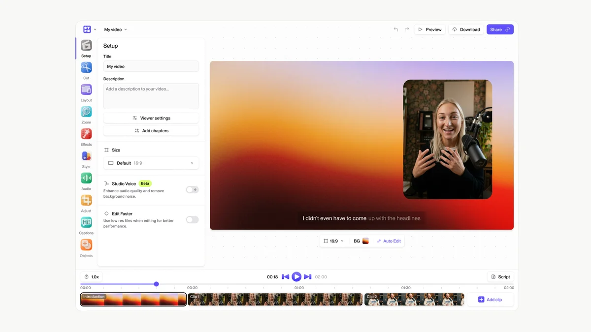 tella – Tella video editor interface with the Setup panel, gradient background canvas, webcam clip and the clip timeline