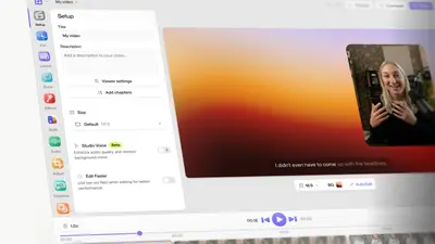 Angled perspective view of the Tella editor Setup panel and video canvas – tella