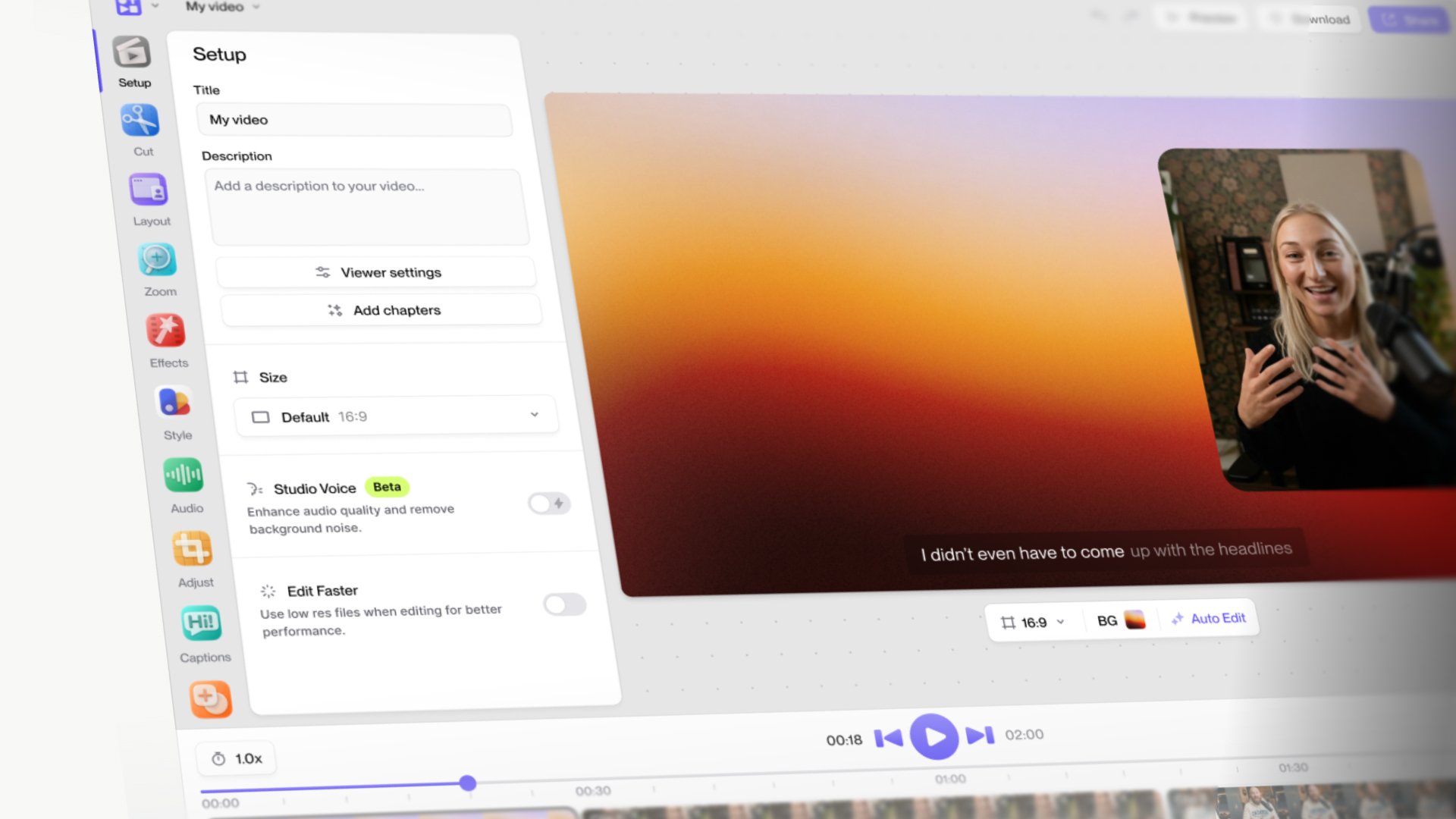 Angled perspective view of the Tella editor Setup panel and video canvas