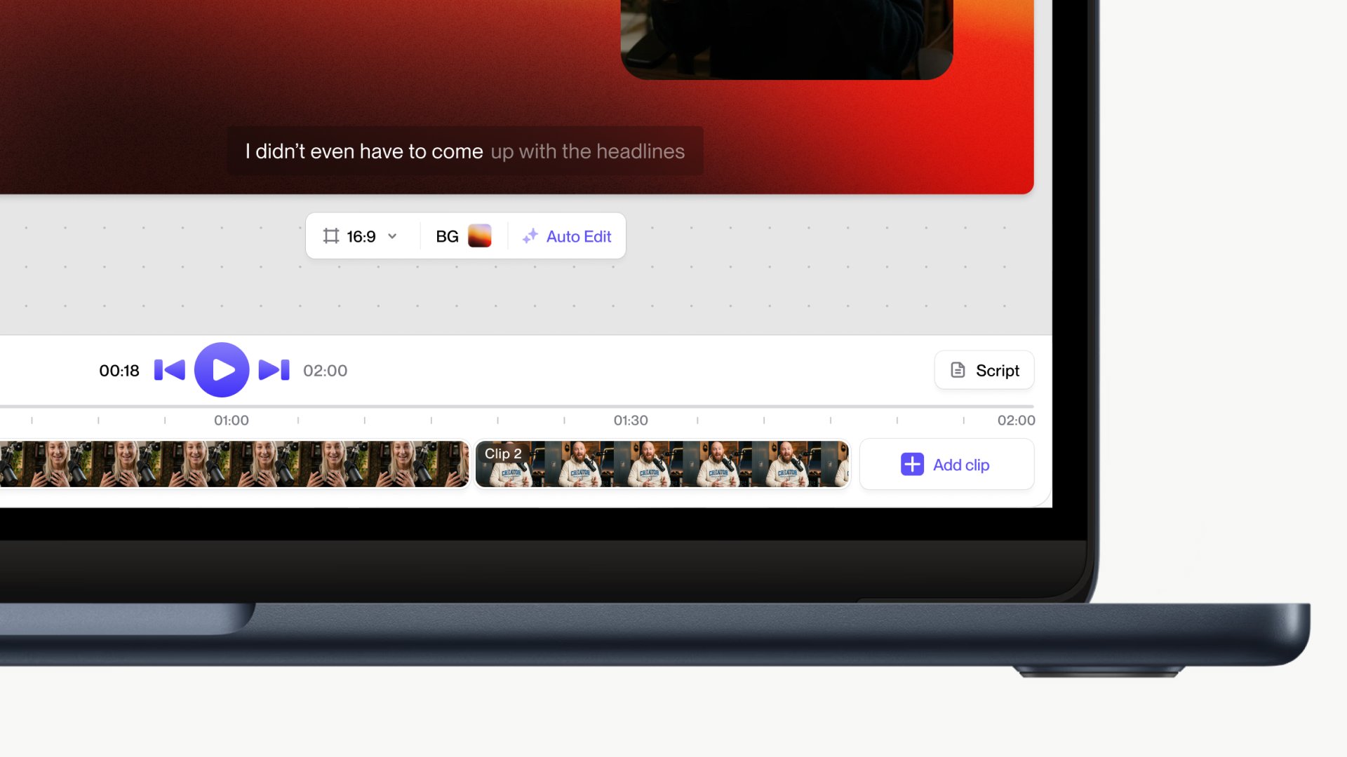 Close-up of the Tella editor timeline and playback controls on a MacBook