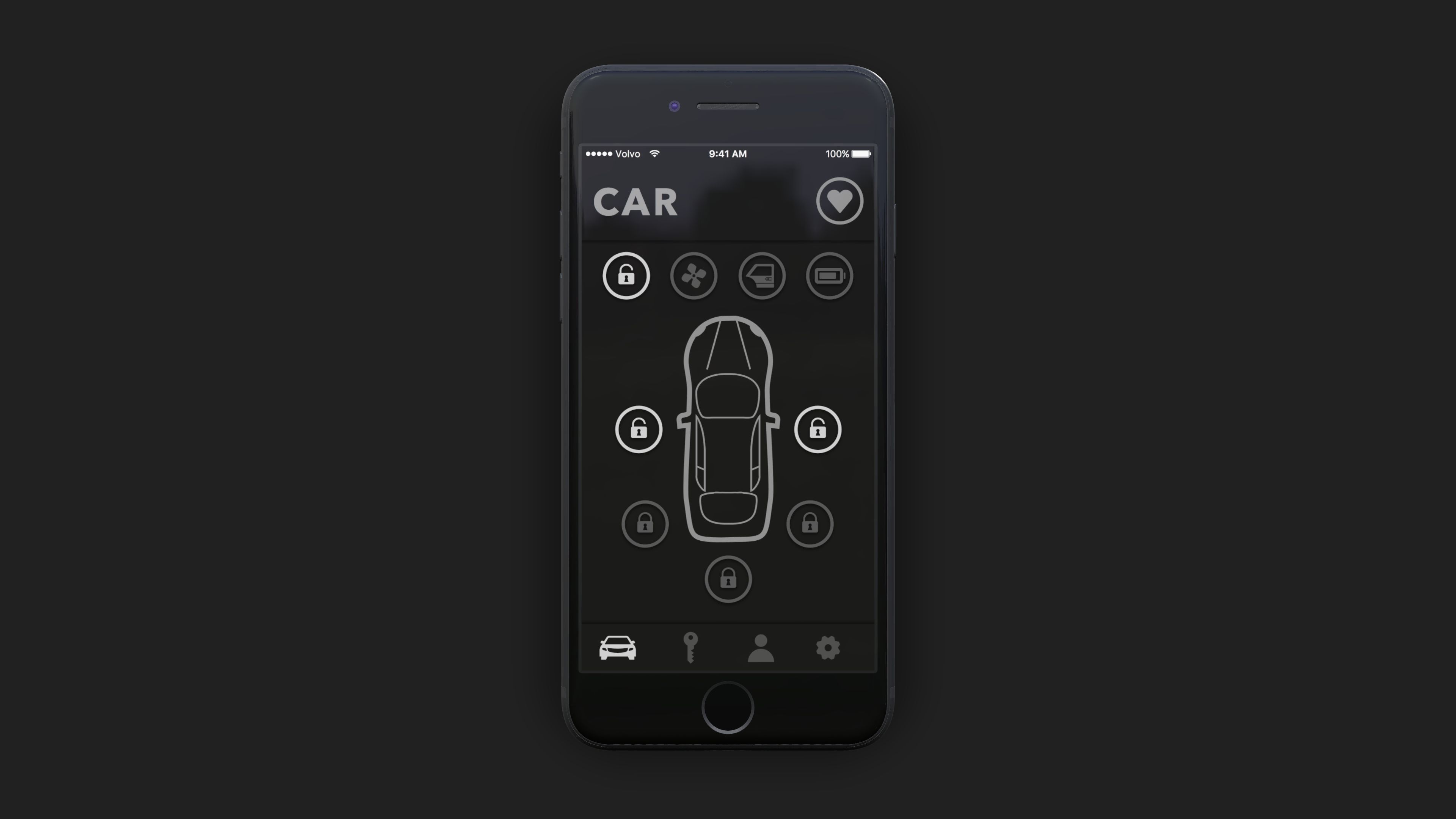 Volvo App car control screen with lock icons around a vehicle outline