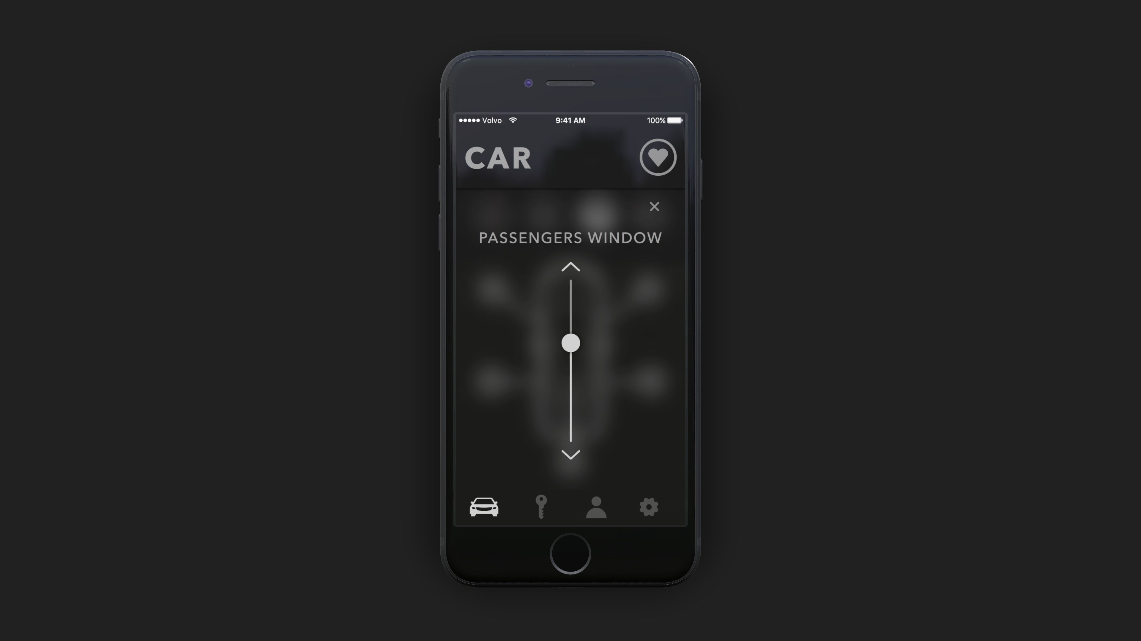 Volvo App passengers window control screen with a vertical slider